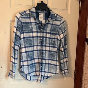 American Eagle Outfitters Button Up Blue Plaid Boyfriend Shirt